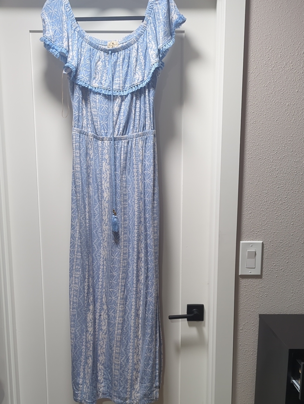 Derek Heart Light Blue & White Maxi Dress with Tassel Tie